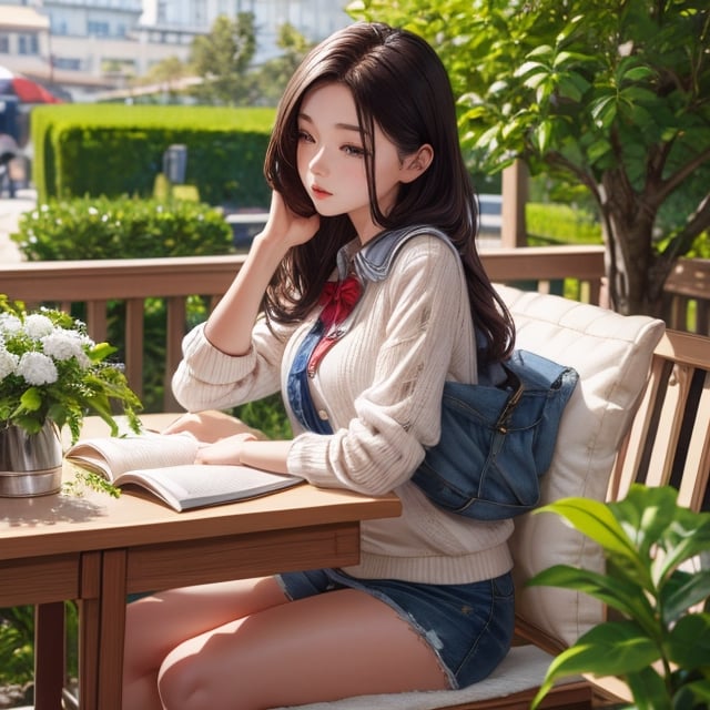 best quality, ultra detailed 8k cg render, masterpiece, high resolution, extremely detailed, natural lighting,
1 girl, A female student sits outdoors in the garden reading a book,