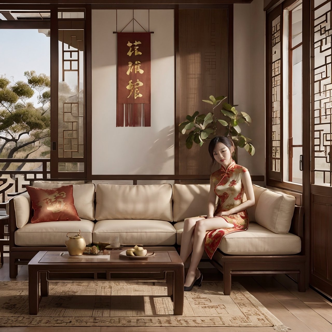 The living room is decorated with Chinese New Year decorations, and there are several Jin yuanbao on the table. A girl is sitting at the table wearing a cheongsam.,Jin yuanbao,photorealistic,Outdoor_Couch