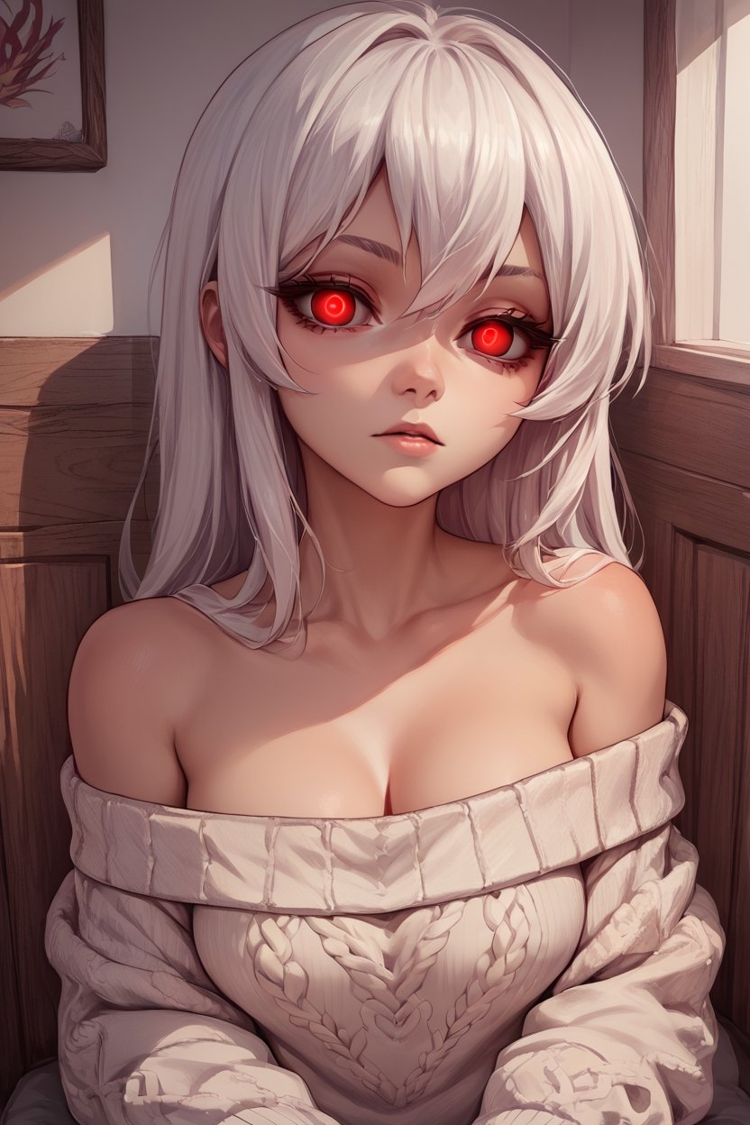 1girl, white hair, sidelocks, long hair, red eyes, empty eyes, ringed eyes, staring, pov, sweater, off shoulder, <lyco:nai_v3  BREAK score_9, source_anime, score_8_up, score_7_up, (bloom:1.2)
