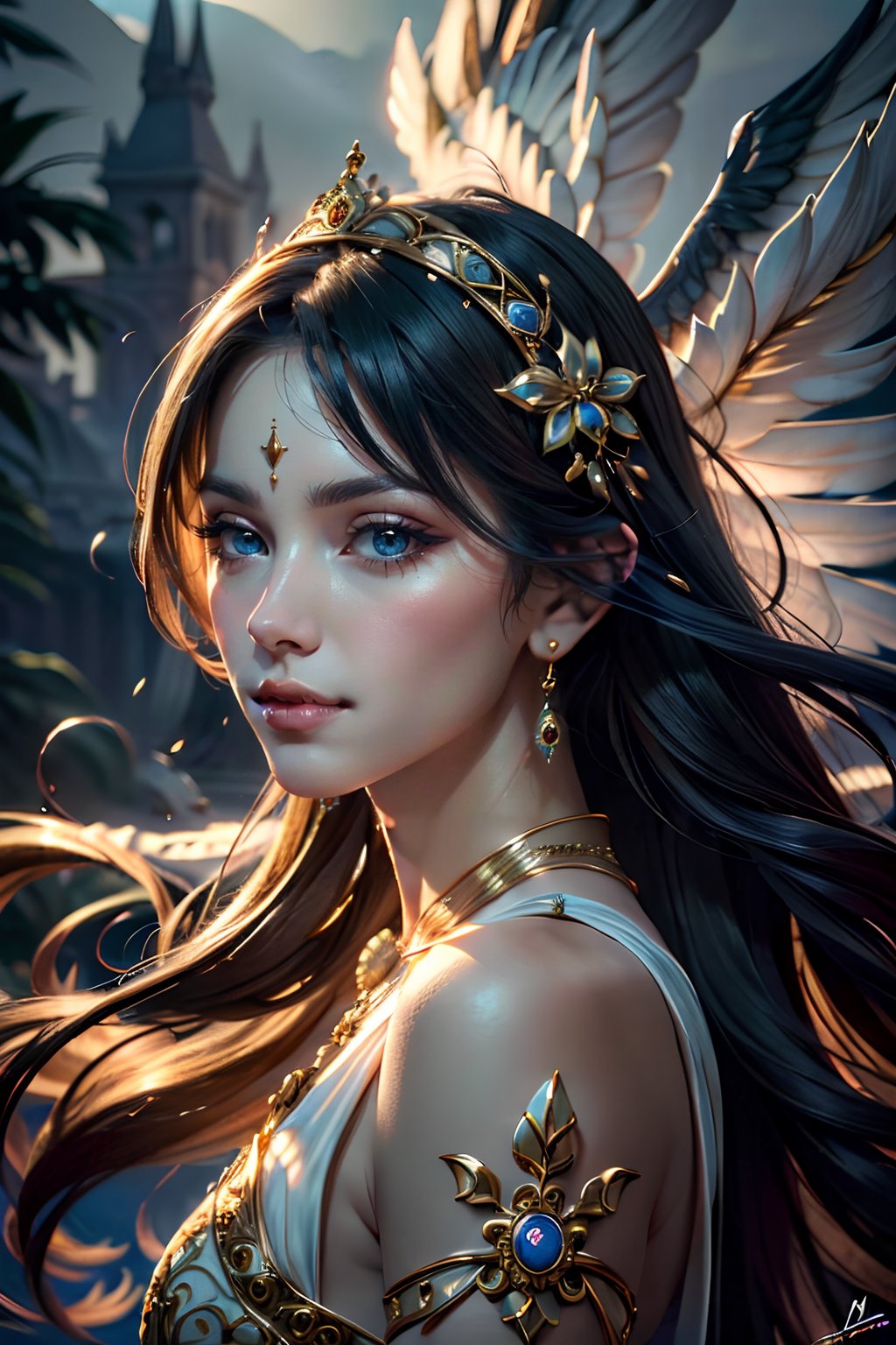 Create an 8K hyperrealistic portrait of an ethereal maiden surrounded by a misty dreamscape. Illuminate her features with HDR lighting to accentuate the intricate details of her ornate attire and evoke a sense of mystery and allure.