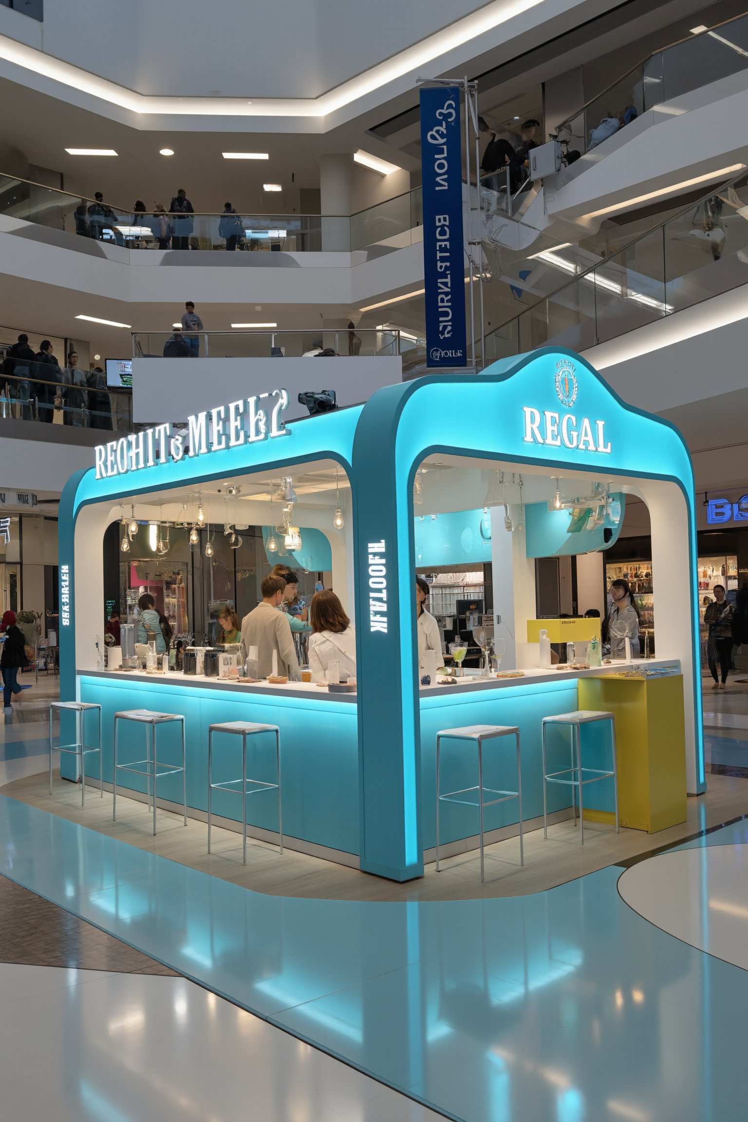 A long, temporary store with an area of about 4 square meters and a height limit of 320cm, primarily a hand-shaken beverage shop, located in a bustling shopping mall. The store features a bright Tiffany Blue exterior, illuminated lights, and the Regal brand name prominently displayed above a modern, minimalist counter. Inside, a long bar with several stools offers seating for customers. The store is surrounded by other shops and shoppers, creating a vibrant atmosphere. The camera captures the entire store, emphasizing its temporary setup and the lively mall environment.