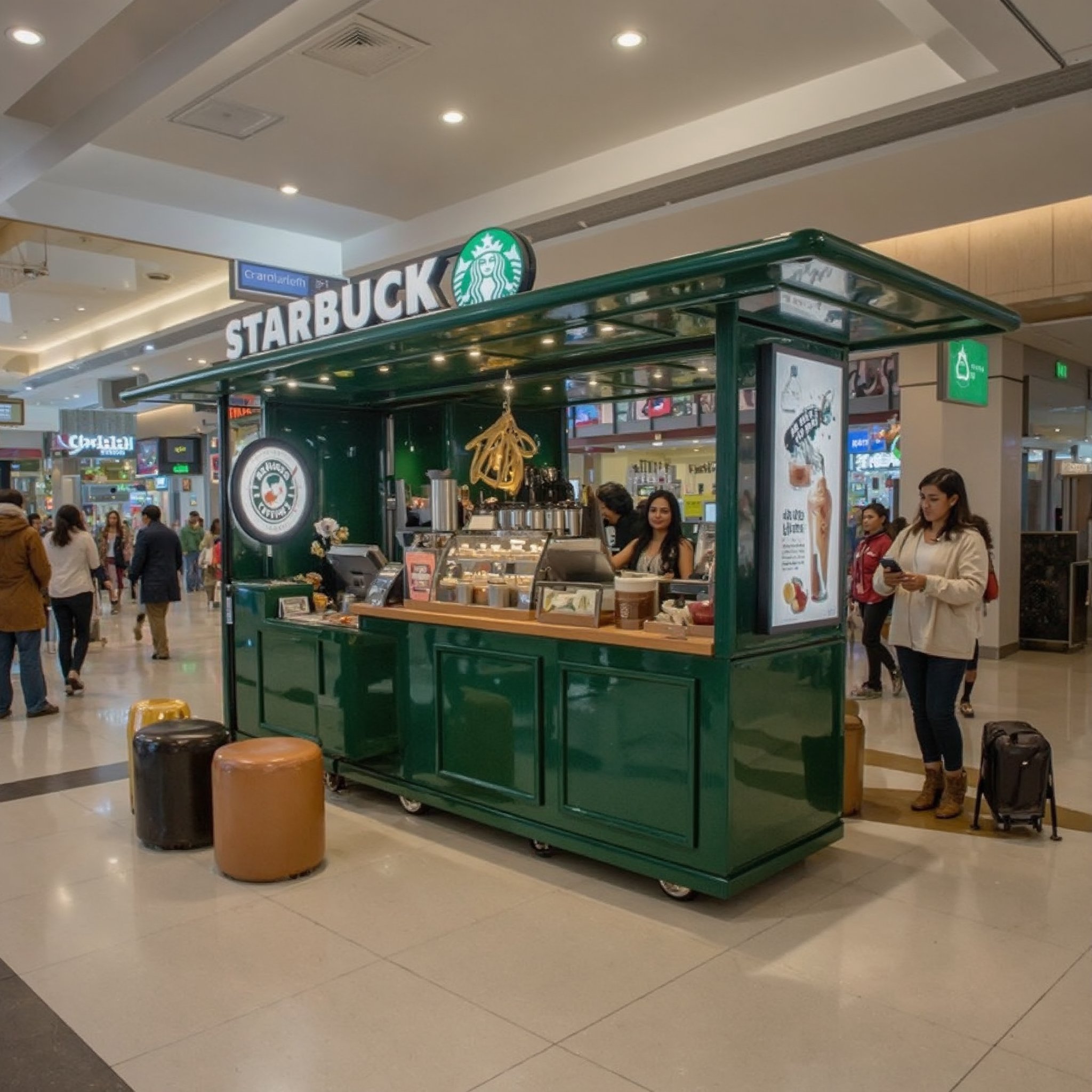 A 4 square meter, Starbucks-themed mobile beverage stand with wheels, featuring a deep green color scheme, located in an airport terminal lobby. The stand attracts guests with its charming design. The scene is framed with the stand at the center, surrounded by bustling airport activity and a few cozy seats in front. Soft, warm lighting highlights the stand's elegant appearance, with a barista serving drinks to smiling customers. The composition captures the lively atmosphere, emphasizing the stand's mobility and inviting seating area amidst the busy terminal.