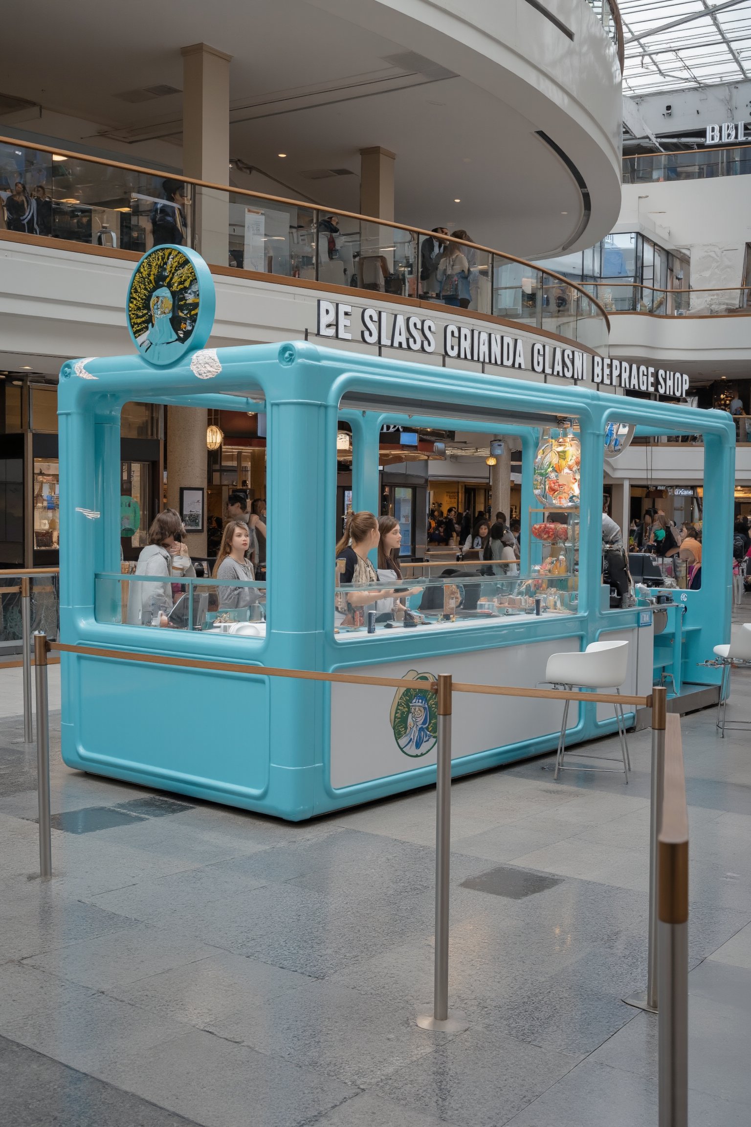 A long, temporary store with an area of about 4 square meters and a height limit of 320cm, primarily a hand-shaken beverage shop, located in a bustling shopping mall. The store features a bright Tiffany Blue exterior, illuminated lights, and the Regal brand name prominently displayed above a modern, minimalist counter. Inside, a long bar with several stools offers seating for customers. The store is surrounded by other shops and shoppers, creating a vibrant atmosphere. The camera captures the entire store, emphasizing its temporary setup and the lively mall environment.