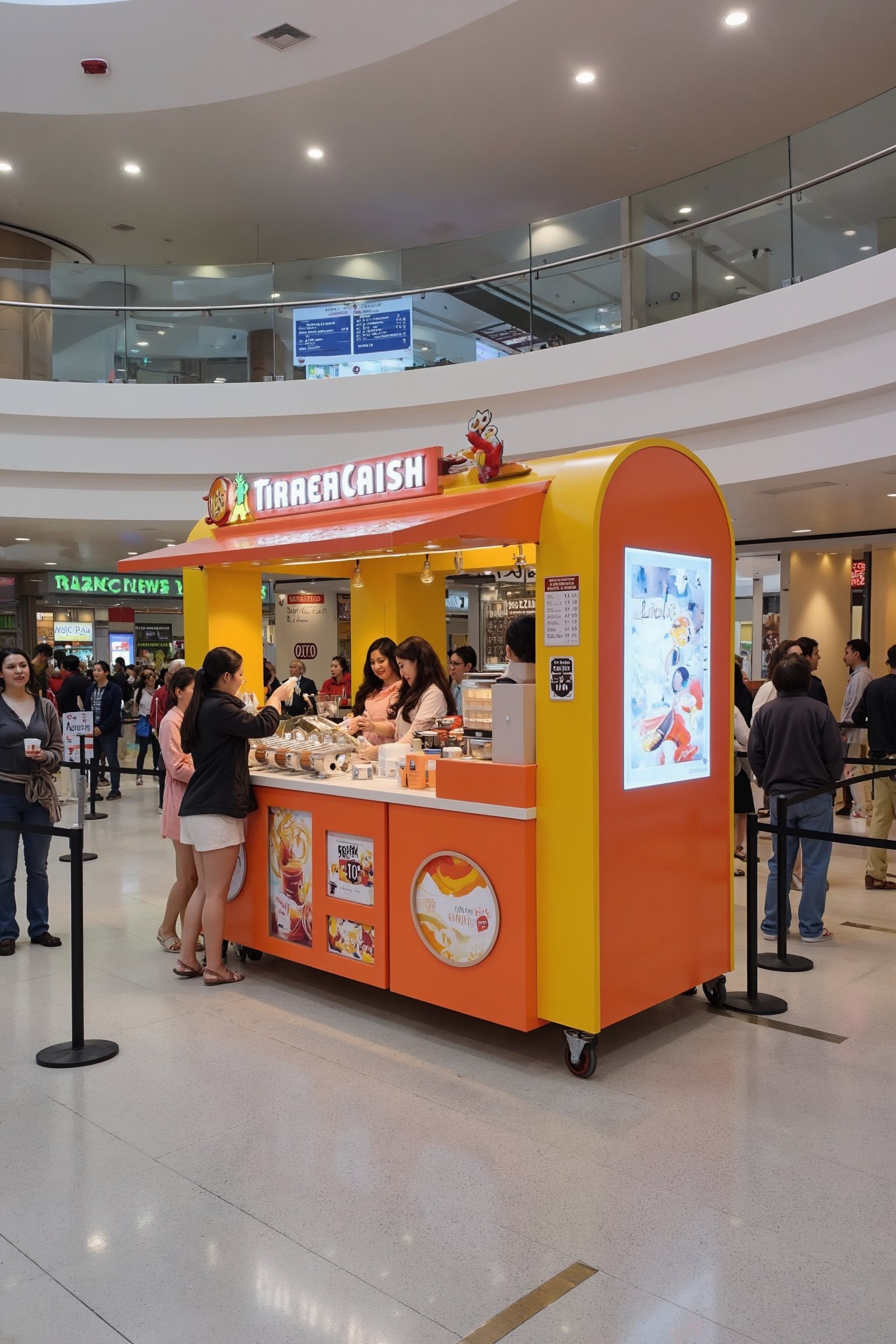 A vibrant, 4 square meter, cute-themed mobile beverage stand with wheels, located in an airport terminal lobby. The stand features bright colors and a charming design, attracting female guests. The scene is framed with the stand at the center, surrounded by bustling airport activity. Soft, warm lighting highlights the stand's cheerful appearance, with a barista serving drinks to smiling customers. The composition captures the lively atmosphere, emphasizing the stand's mobility amidst the busy terminal.