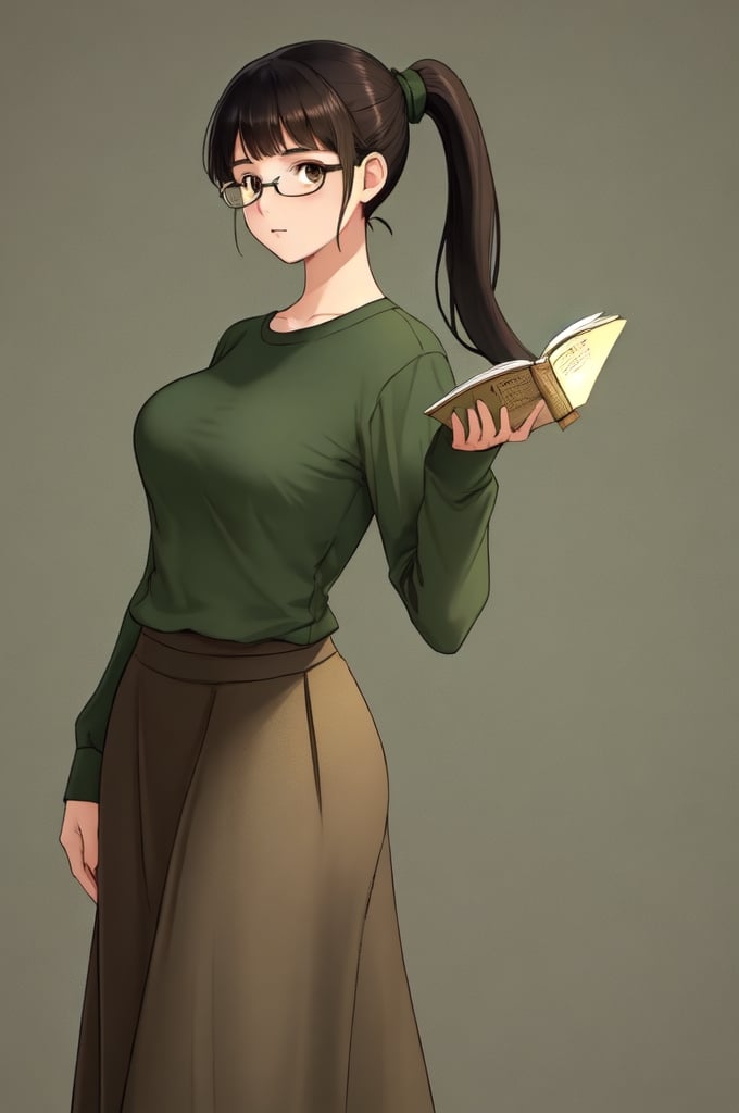 beautifull girl, medium black hair, ponytail, brown eyes, half body image , wearing a dark green shirt , long skirt , blank background  , glasses ,medium_breasts , bangs , bring a book