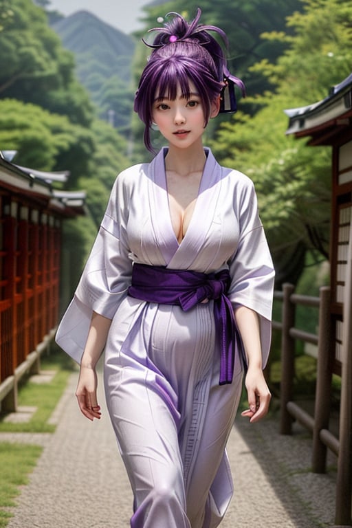 busty girl, medium purple hair ponytail, asymmetric_bangs, half body image , wearing white yukata,  walking in the japanese village , look at the camera