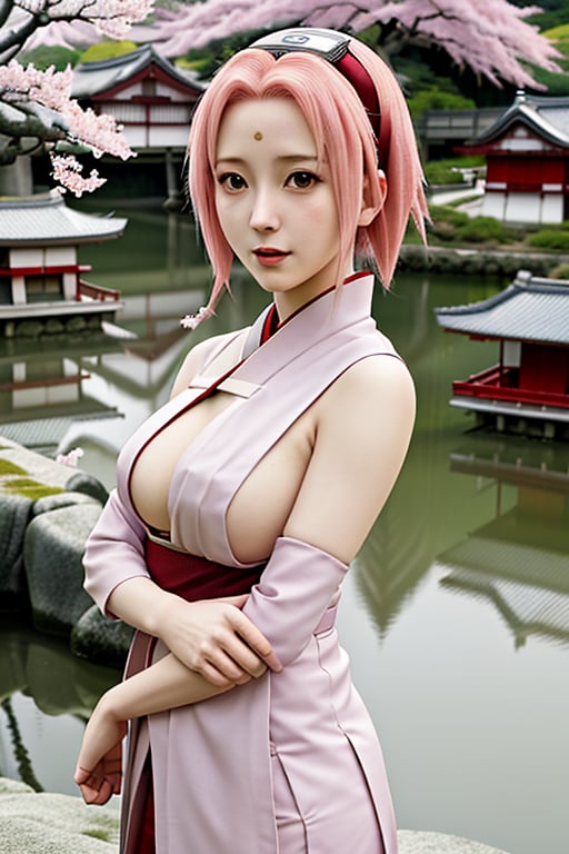 haruno sakura, beutifull girl, japanese village background ,sakura haruno, busty