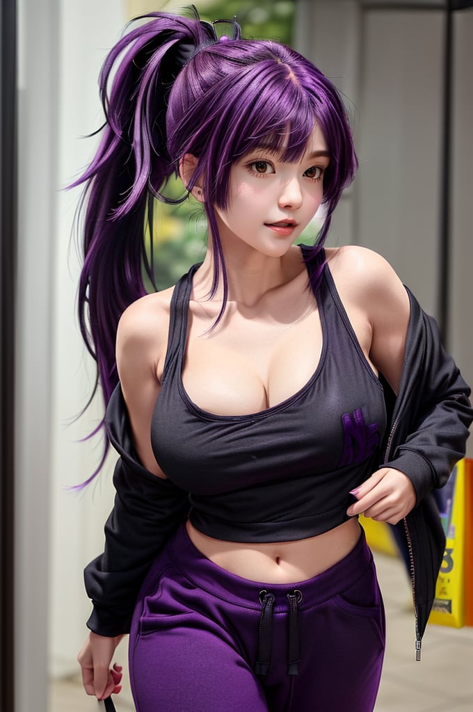 busty girl, medium purple hair ponytail, asymmetric_bangs, half body image , wearing a black tenk top and hoodie, open shoulders, casual pants, walking in the shoping center , look at the camera