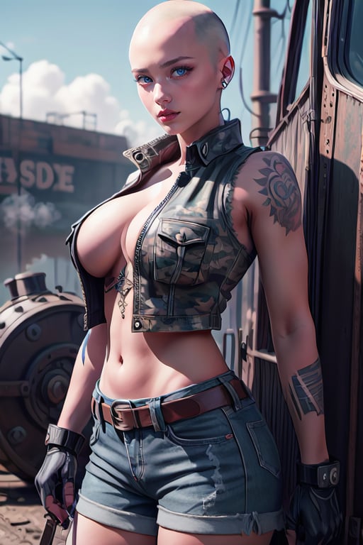 Beautiful skinhead girl, busty, defiant grin, tattoos, white_vest, camouflage hot pants, steam punk, high detail, 8k resolution, masterpiece, 