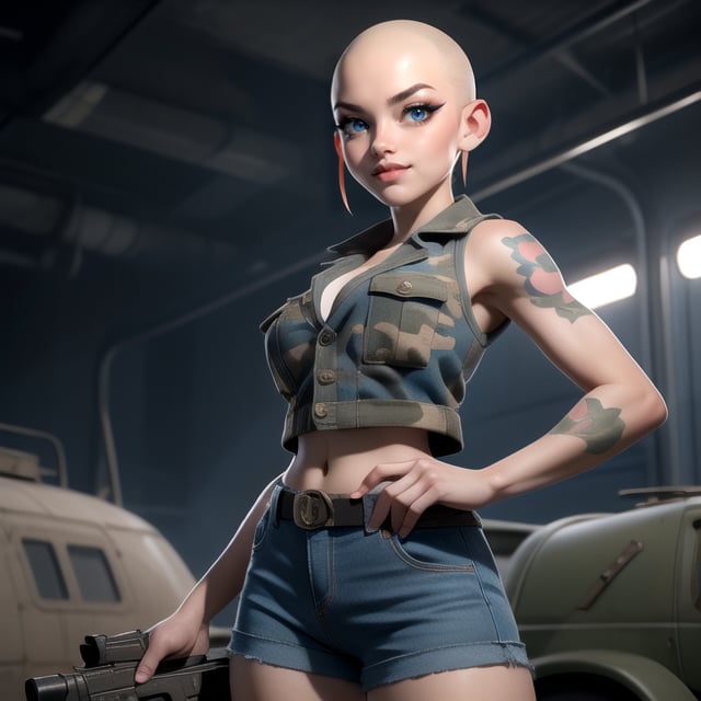 Beautiful skinhead girl, busty, defiant grin, tattoos, white_vest, blue and orange camouflage hot pants, steam punk, high detail, highly saturated, dystopian army camp, 8k resolution, masterpiece, ,3DMM