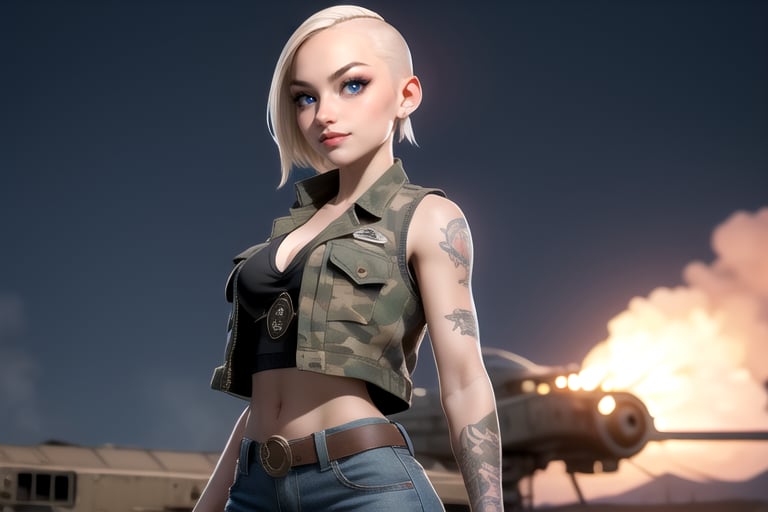 Beautiful skinhead girl, busty, defiant grin, tattoos, white_vest, camouflage hot pants, steam punk, high detail, 8k resolution, masterpiece, ,3DMM