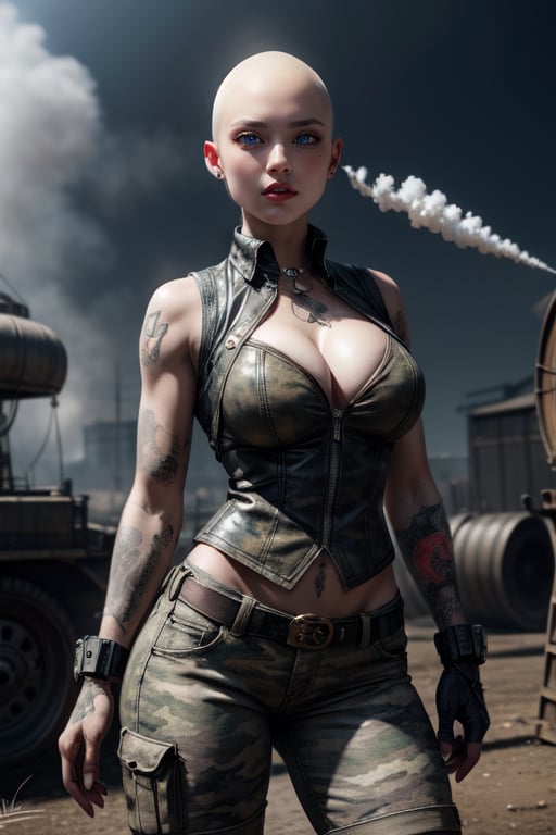 Beautiful skinhead girl, busty, defiant grin, tattoos, white_vest, camouflage hot pants, steam punk, high detail, 8k resolution, masterpiece, 