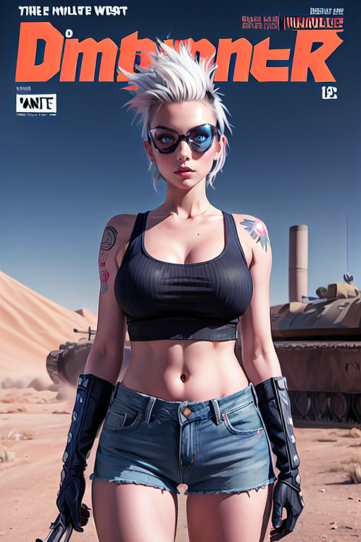 Highly Stylised sketch of comic book steam_punk heroine Tank_Girl, welding_goggles, wearing an army_helmet gigantic_breasts, Mohawk_haircut, white hair, red and black, tattoos, denim hot pants, tank_top, in the style of Jamie Hewlett, deadline magazine, dystopian, desert scene, military tank, 