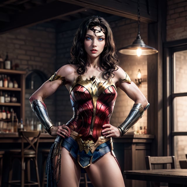 Wonder Woman, 💪🏼 hands on her hips, drinking red wine, high detail, 8k resolution, masterpiece, 