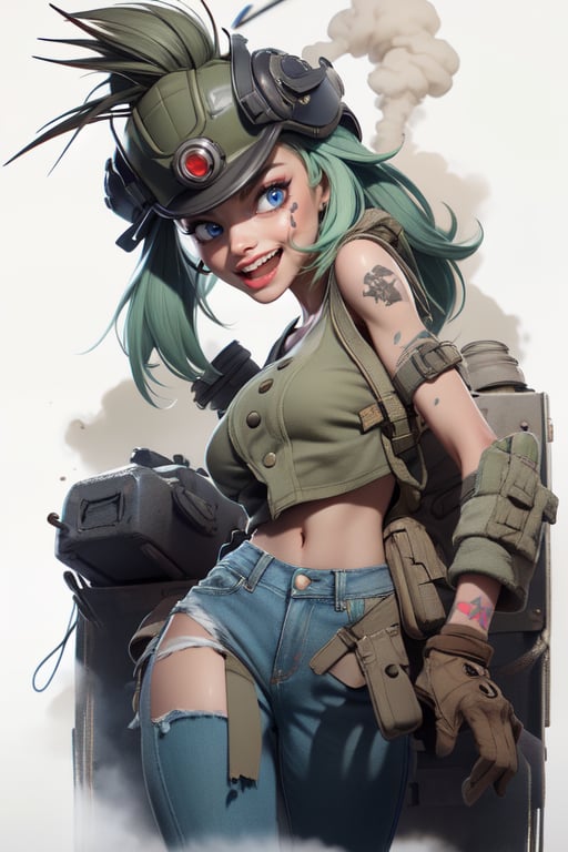 Highly Stylised post_apocalyptic sketch of steam_punk heroine Tank_Girl, shaved_head, Mohawk, gritted teeth, wearing a green army_helmet, gigantic_breasts, white hair, tattoos, denim hot pants, tank_top, in the style of Jamie Hewlett, deadline magazine, dystopian, desert scene, military tank, explosion,