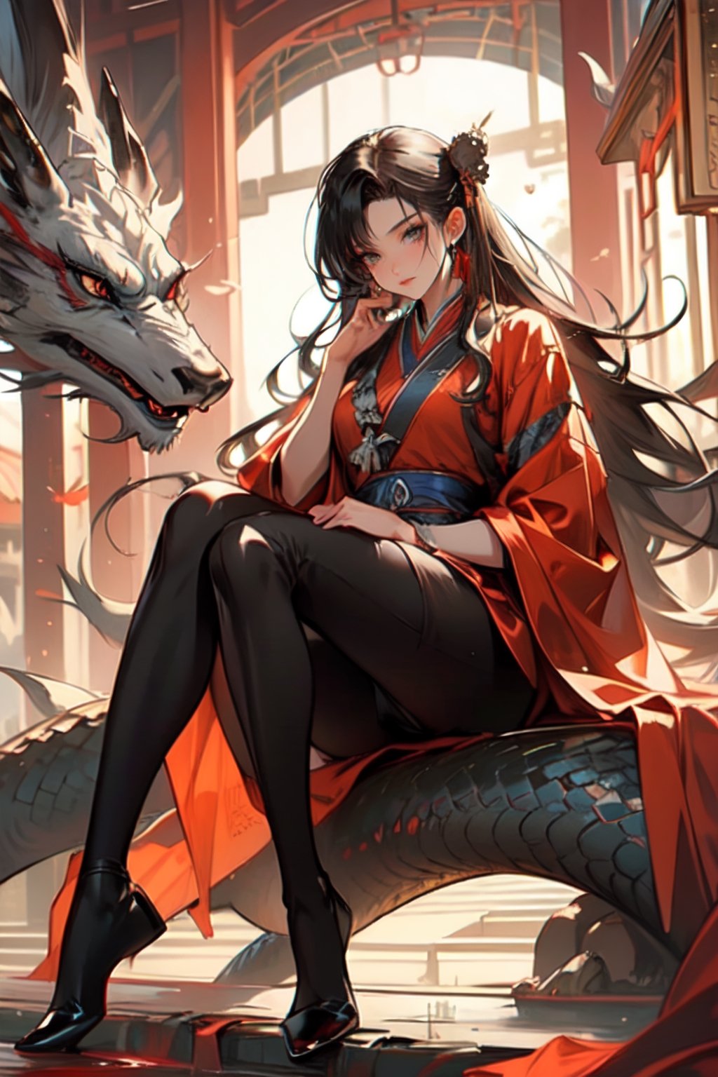 Best quality,masterpiece,ultra high res,1girl,beautiful_face,detailed skin,,gu,dragon,full body,,weapon,black hair,holding weapon,blood,arm guards,male focus,looking at viewer,black eyes,tabi,floating hairfull body,orange,,hands up, gu, wuxia, holding weapon, dragon  swordsman  gu, wuxia, holding weapon, dragon,midjourney portrait