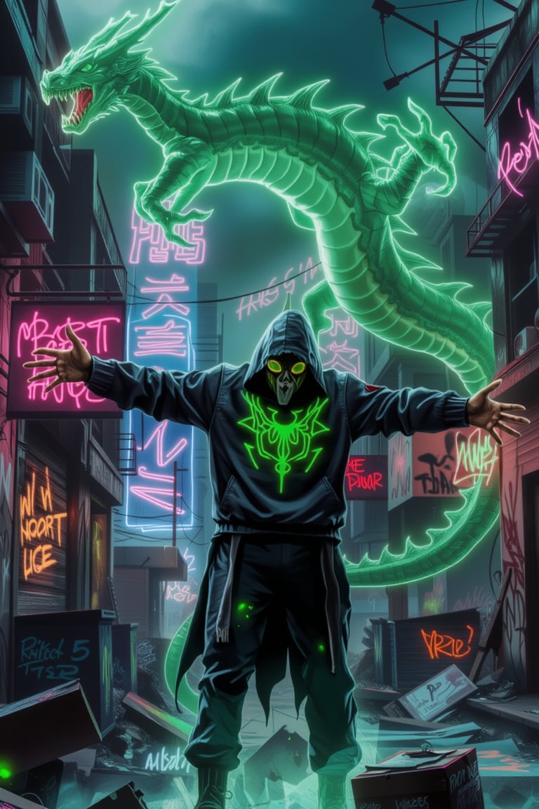 A dark fantasy graffiti punk artwork set in a ruined cityscape with a hooded figure emerging amidst the neon-lit chaos. The figure, adorned with a neon green dragon emblem on their back, casts a glowing figure with their dark hooded jacket. A gargantuan green-neon dragon, its mouth open and tail coiled, accentuates their otherworldly presence. The figure's outstretched arm seems to command the neon energy around them, while their face is adorned with a mask reminiscent of ancient dragons, its eyes emitting a haunting glow. The hellscape, with flickering neon signs and debris-strewn streets, creates a surreal atmosphere where technology and magic intertwine, and every corner holds an untold story,Avatarwar