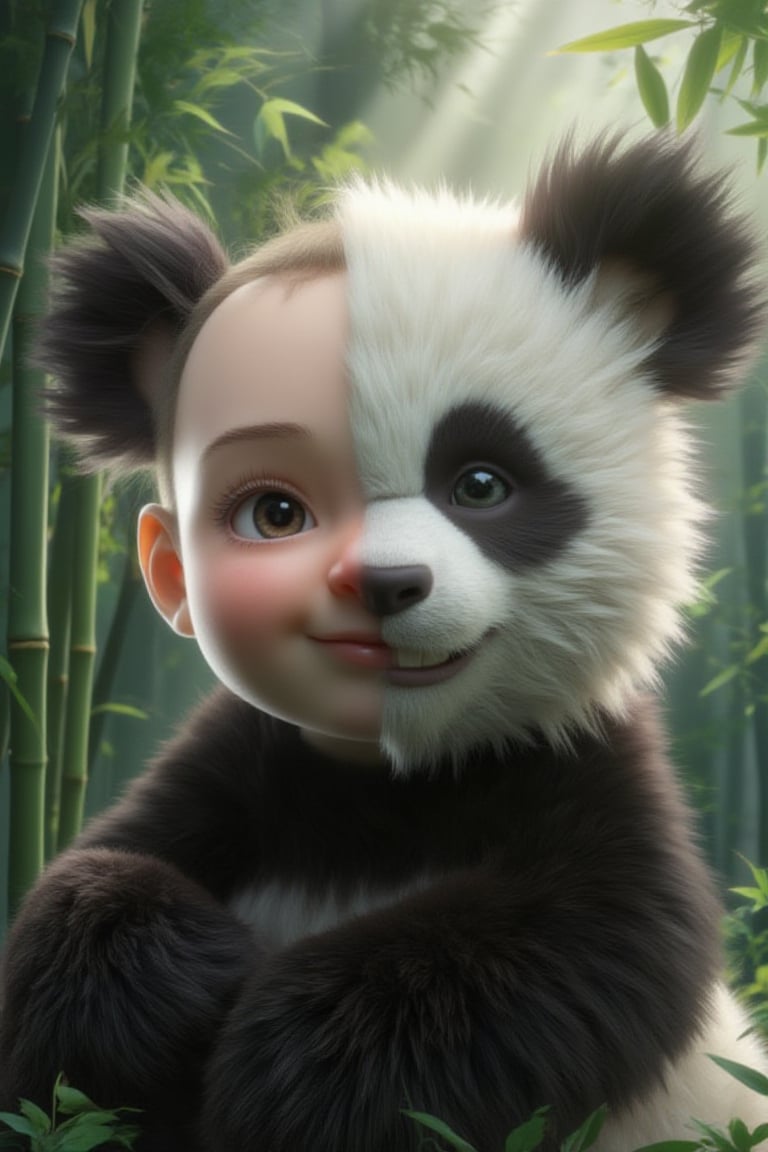 Human-Panda Chimera in a Bamboo Forest: An ultra close-up of a child-panda chimera with one side of the face showing a cute, chubby-cheeked human child with soft, round features and big, dark eyes, while the other side is panda-like, covered in fluffy black-and-white fur. The panda eye has a playful glint, with the characteristic black patch around it, blending seamlessly with the human side. The background is a lush bamboo forest, with beams of sunlight filtering through the tall, green stalks. The fur is rendered in a soft, touchable texture, with every detail of the bamboo leaves, and the gentle light, captured in vivid, hyper-detailed 3D, creating a heartwarming and endearing image.,FaDual