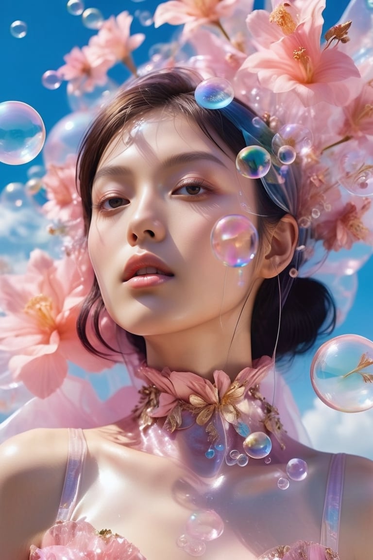 (close-up face view:1.9),a woman in a pink dress blowing bubbles, high fashion magazine cover, glossy flecks of iridescence, of a youthful Japanese girl, wearing translucent sheet, blue sky above, promotional render, adorned in a transparent plugsuit, delicate crystal wings extending gracefully, immersed in an alien landscape, clouds forming a celestial ballet, exotic flora adding to the dreamlike atmosphere.",more detail XL,glitter,Glass Elements,skirtlift,dreamgirl