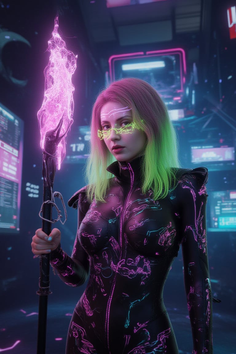 A haunting, futuristic scene of a female character with neon green and pink hair styled in thick, unruly waves, standing eerie amidst a glowing, chaotic backdrop. Her outfit is a matching neon ensemble, blending sleek, synthetic materials with glowing circuitry woven into the fabric. In her hand, she wields a glowing pink staff that hums with energy, casting pulsating light across her face. Behind her, the dim glow of neon signs and floating data streams paints the scene in surreal, electric hues, giving the impression of a powerful, magical presence in a high-tech world.,Avatarwar