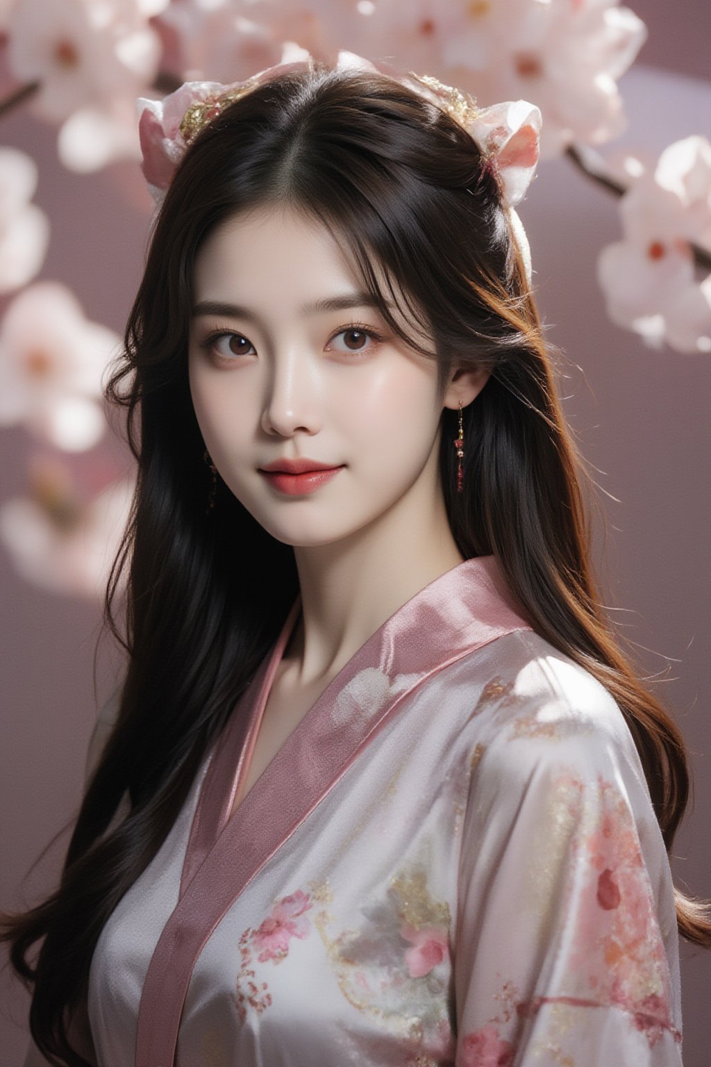 A serene Japanese maiden stands alone against a blurry backdrop of blooming cherry blossom trees. She gazes directly at the viewer with a gentle smile, her parted bangs framing her heart-shaped face. Her black hair cascades down her back, adorned with intricate hair ornaments and hair rings. Red eyes sparkle beneath luscious eyelashes, and her lips curve upward in a subtle grin. A floral print kimono drapes across her upper body, its vibrant colors muted by the soft focus of the background. Delicate earrings and a tassel dangle from her ears as she wears a bow-adorned hairstyle. The camera's shallow depth of field blurs everything except for our subject, emphasizing her captivating presence.