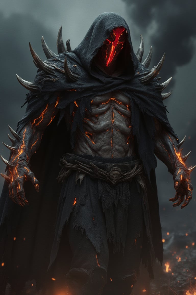 A cinematic digital art piece of a towering Revenant with a glowing red scar across his face. His ragged black cloak clings to his form, barely hiding the spikes of bone that jut from his armor. Glowing embers float from his cracked, mutated skin. The background is filled with swirling ash and faint, glowing lights.Avatarwar