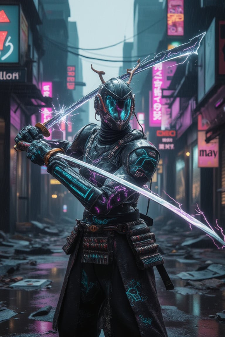 A sharp, focused shot of a Circuit-Slasher standing amidst a rain-soaked urban battlefield. The samurai-like figure wields a glowing katana, its blade sparking with electrical surges as it slices through the air. Their cybernetic arms are adorned with graffiti-like designs, and their armor is a blend of traditional samurai plating fused with futuristic, glitching tech. The Circuit-Slasher’s visor reflects neon signs from the surrounding ruins. Behind them, shattered holographic billboards flicker, and the hum of digital interference echoes through the alleyways. The atmosphere feels cold and detached, yet alive with digital energy..Avatarwar