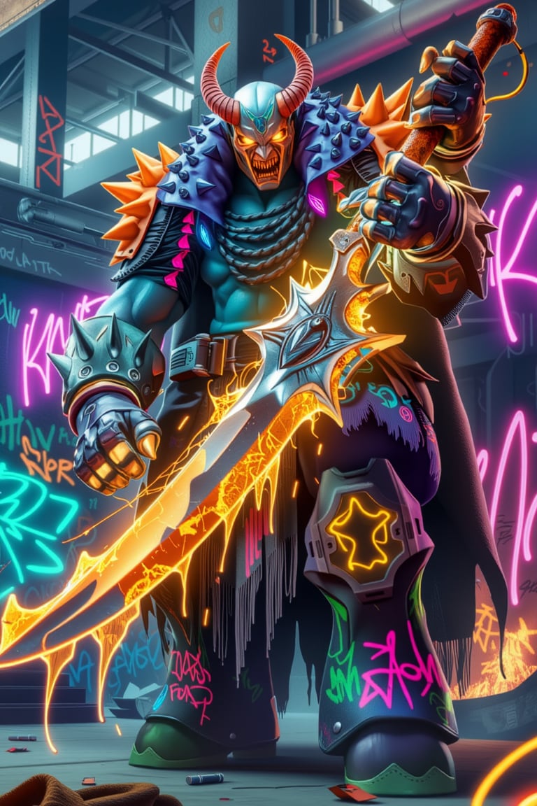 The grffitipunk Grand Khavatari is a towering figure, draped in spiked, glowing armor that glistens with vibrant graffiti patterns. His fists are wrapped in glowing knuckle dusters, each etched with symbols of power. He slashes with a massive, neon-infused sword glowing with a fiery orange hue, with tendrils crackling with energy as he slashes with his sword through the air. His eyes burn with fury as he prepares to unleash a powerful blow. The abandoned factory he stands in is lit by flickering neon lights, its walls covered in chaotic graffiti that mirrors his inner rage.,Avatarwar