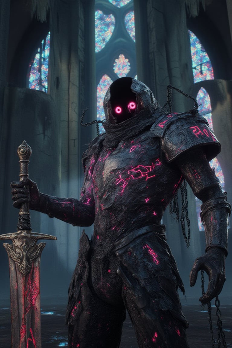 A chilling side-angle shot of a Crypt-Knight standing vigil over a ruined cathedral. The knight’s armor is a blend of corroded steel and glitching spectral light, covered in cryptic runes that pulse with eerie energy. Their helmet has no visor, only a dark void where glowing red eyes burn through the shadow. In one hand, they hold a massive sword wrapped in chains, the blade humming with necrotic power. The ruined gothic cathedral behind them is bathed in a faint glow, with shattered stained glass windows reflecting neon hues. The Crypt-Knight seems to command the very essence of death and decay around them, creating a surreal and haunting scene.Avatarwar