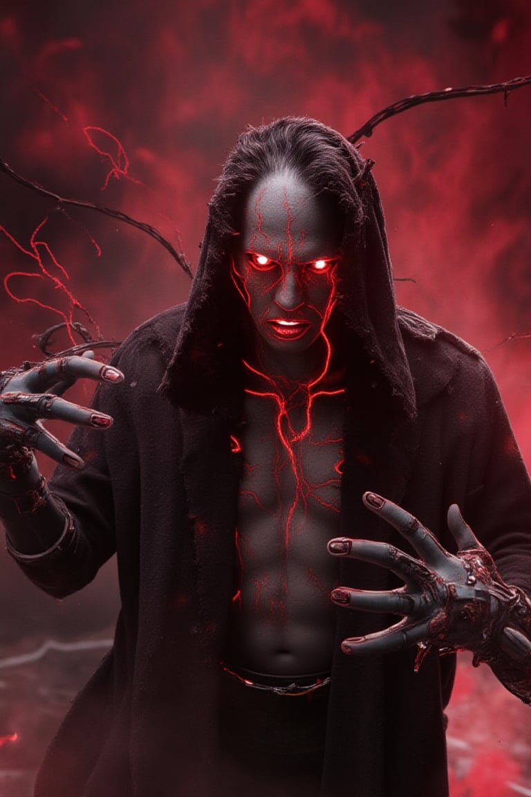 A cinematic digital art piece of a chaotic Rogue-Psion with glowing red veins creeping across his face poised as receiving some telepathic disruption. His tattered hood barely covers the exposed cybernetics implanted along his back and arms. His eyes burn with a bright, psychic energy, and faint, neon distortions ripple around him. The background is filled with swirling, red-tinted smoke and glitchy, digital anomalies..Avatarwar