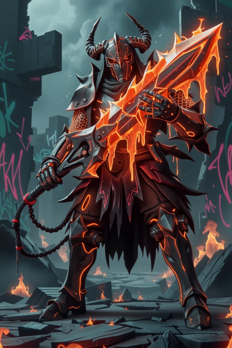 The Hell Knight stands tall in dark, jagged armor, with glowing neon red lines tracing the edges of every plate. His helmet, adorned with sharp horns, emits a faint glow from the visor, concealing his face in shadows. He wields a massive, spiked greatsword with molten cracks along its length, dripping neon orange embers. The sword hums with energy as he grips it with both hands, preparing for a devastating strike. The crumbling battlefield he stands on is lit by flickering graffiti lights from shattered walls, casting eerie shadows on the cracked ground beneath his feet,Avatarwar