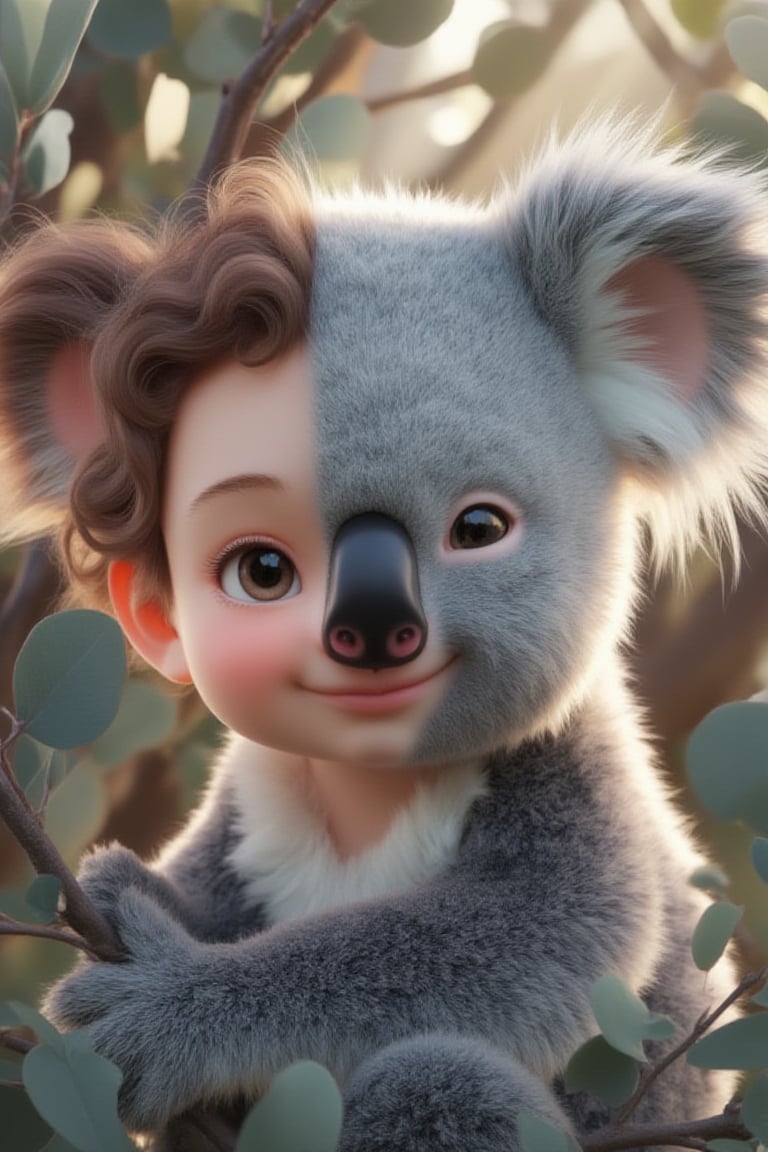 Human-Koala Chimera in an Eucalyptus Tree: A close-up of a human-koala chimera, with one half of the face showing a sweet, rosy-cheeked human child with soft, wavy hair and bright, curious eyes, while the other half is covered in fluffy, gray koala fur. The koala side has a small, round nose and large, round ears, giving the chimera an irresistibly cute appearance. The background is an eucalyptus tree, with soft, green leaves and light beams filtering through, creating a serene, natural setting. The texture of the fur and the delicate details of the eucalyptus leaves are captured in ultra-realistic, vivid 3D, making the anime-style chimera both adorable and lifelike.,FaDual