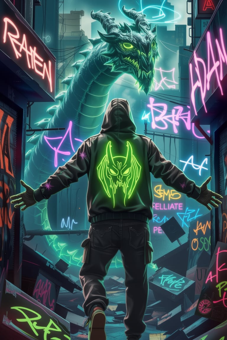 A dark fantasy graffiti punk artwork set in a ruined cityscape with a hooded figure emerging amidst the neon-lit chaos. The figure, adorned with a neon green dragon emblem on their back, casts a glowing figure with their dark hooded jacket. A gargantuan green-neon dragon, its mouth open and tail coiled, accentuates their otherworldly presence. The figure's outstretched arm seems to command the neon energy around them, while their face is adorned with a mask reminiscent of ancient dragons, its eyes emitting a haunting glow. The hellscape, with flickering neon signs and debris-strewn streets, creates a surreal atmosphere where technology and magic intertwine, and every corner holds an untold story,Avatarwar