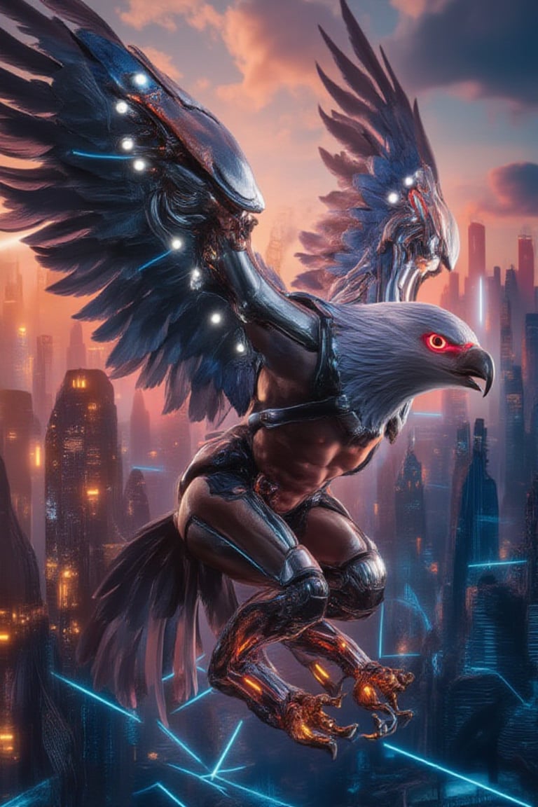 "Cyborg eagle-human hybrid, metallic wings with feathery details and LED-lit talons, glowing red eyes, robotic limbs fused with organic muscle tissue, flying over a futuristic cityscape at dusk", 3d render, cinematic, portrait photography, vibrant,AhFutur