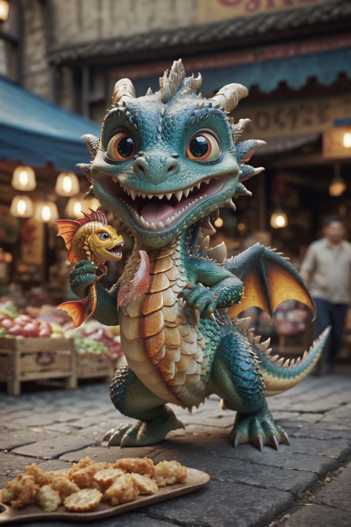 Cinematic still of a dragon holding fish with paws, funny face,  running away in a market. Shallow depth of field, vignette, highly detailed, high budget, bokeh, Cinemascope, moody, epic, gorgeous, film grain, grainy
,a cute dragon,more detail XL