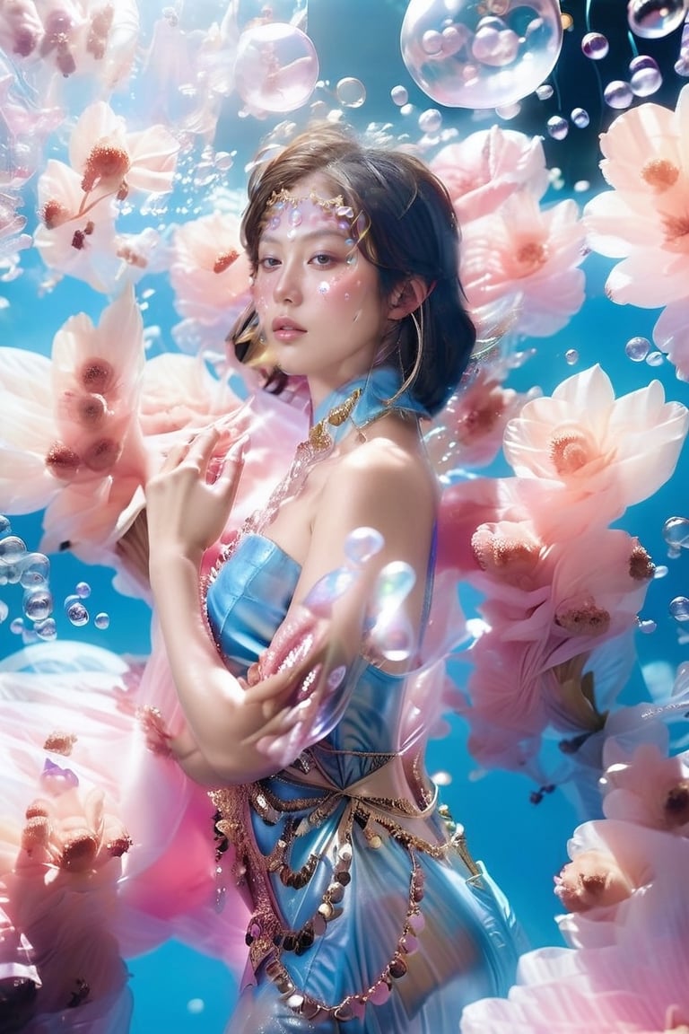 (close-up face view:1.9),a woman in a pink dress blowing bubbles, high fashion magazine cover, glossy flecks of iridescence, of a youthful Japanese girl, wearing translucent sheet, blue sky above, promotional render, adorned in a transparent plugsuit, delicate crystal wings extending gracefully, immersed in an alien landscape, clouds forming a celestial ballet, exotic flora adding to the dreamlike atmosphere.",more detail XL,glitter,Glass Elements,skirtlift,dreamgirl