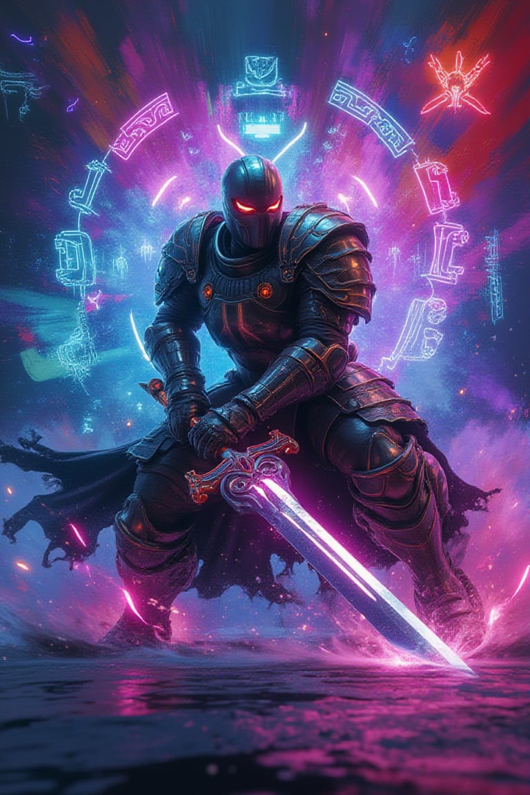 A 3D render of a cyberpunk artwork by CJ84. The artwork is a mesmerizing scene with abstract brushstrokes of vibrant colors.The background is alive with neon graffiti, futuristic heraldry, and a palpable sense of movement. The dominant figure is a heavily armored warrior, slashing through the air with a glowing greatsword, leaving trails of light in its wake. The warrior’s imposing stance and intricately detailed armor seamlessly blend into the high-tech, abstract backdrop. The lively neon designs around the warrior add a touch of the ethereal,Avatarwar,3dartCA