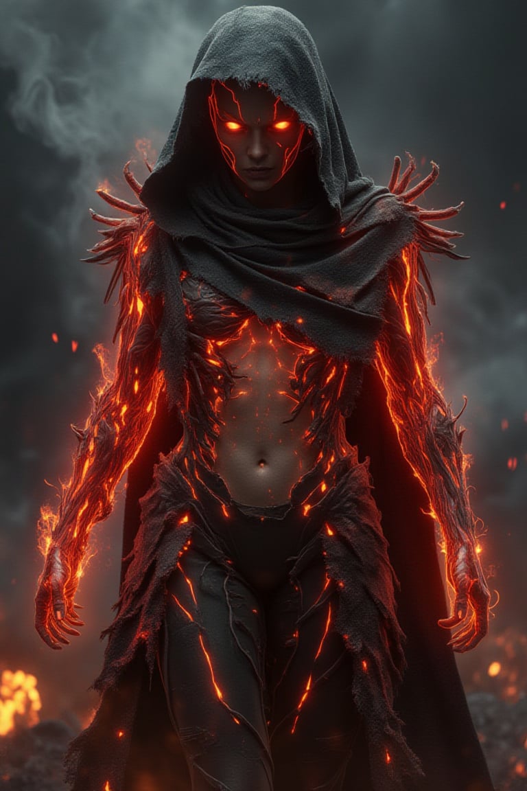 A cinematic digital art piece of a Blade-Harbinger with fiery red biomass spreading across her arms. Her cloak is torn and singed, revealing sleek, organic armor that pulses with fiery energy. Her glowing eyes peer out from under her hood, and the veins of her skin burn with molten heat. The background is filled with swirling smoke and glowing embers.Avatarwar