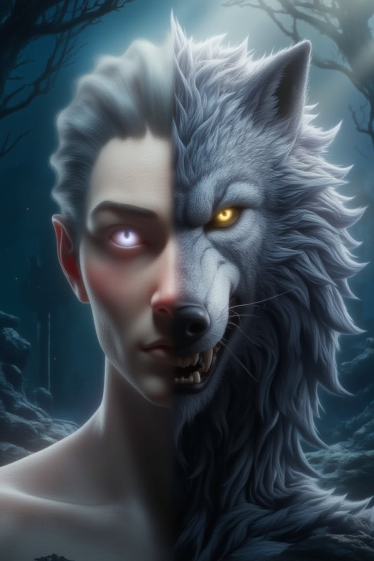 Chimera with Dual Personalities: An ultra close-up view of a human chimera with one side of the face displaying serene, human features with soft, pale skin, and the other side morphing into a fierce, wolf-like visage with thick, silver fur and piercing yellow eyes. The eyes glow with an inner light, casting subtle beams across the scene.
