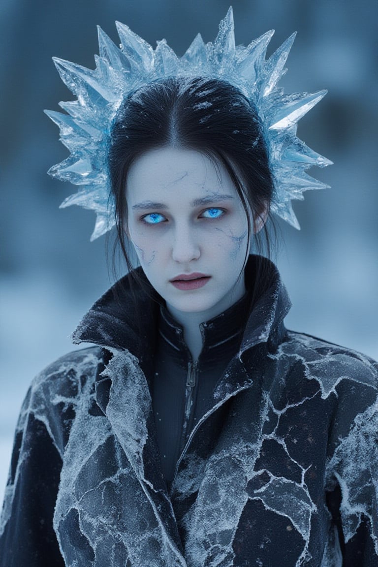 A female figure with deep, sorrowful eyes that glow faintly in icy blue. Her pale skin is smooth, but cracks of frost have begun to form along her cheeks and forehead, hinting at a frozen, deathly power beneath. Her dark hair is tied back tightly, with stray strands frozen in place. She wears a sleek, high-collared robe made of black and silver, with intricate patterns resembling frost creeping along its surface. Around her head, sharp, crystalline structures form a jagged halo, their translucent blue surfaces catching the light in sharp, cold reflections. The background is a void of cold blues and whites, resembling a frozen wasteland..Avatarwar