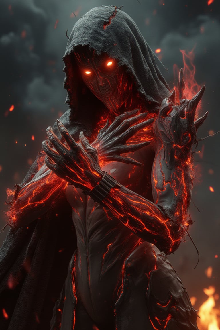 A cinematic digital art piece of a Blade-Harbinger with fiery red biomass spreading across her arms. Her cloak is torn and singed, revealing sleek, organic armor that pulses with fiery energy. Her glowing eyes peer out from under her hood, and the veins of her skin burn with molten heat. The background is filled with swirling smoke and glowing embers.Avatarwar