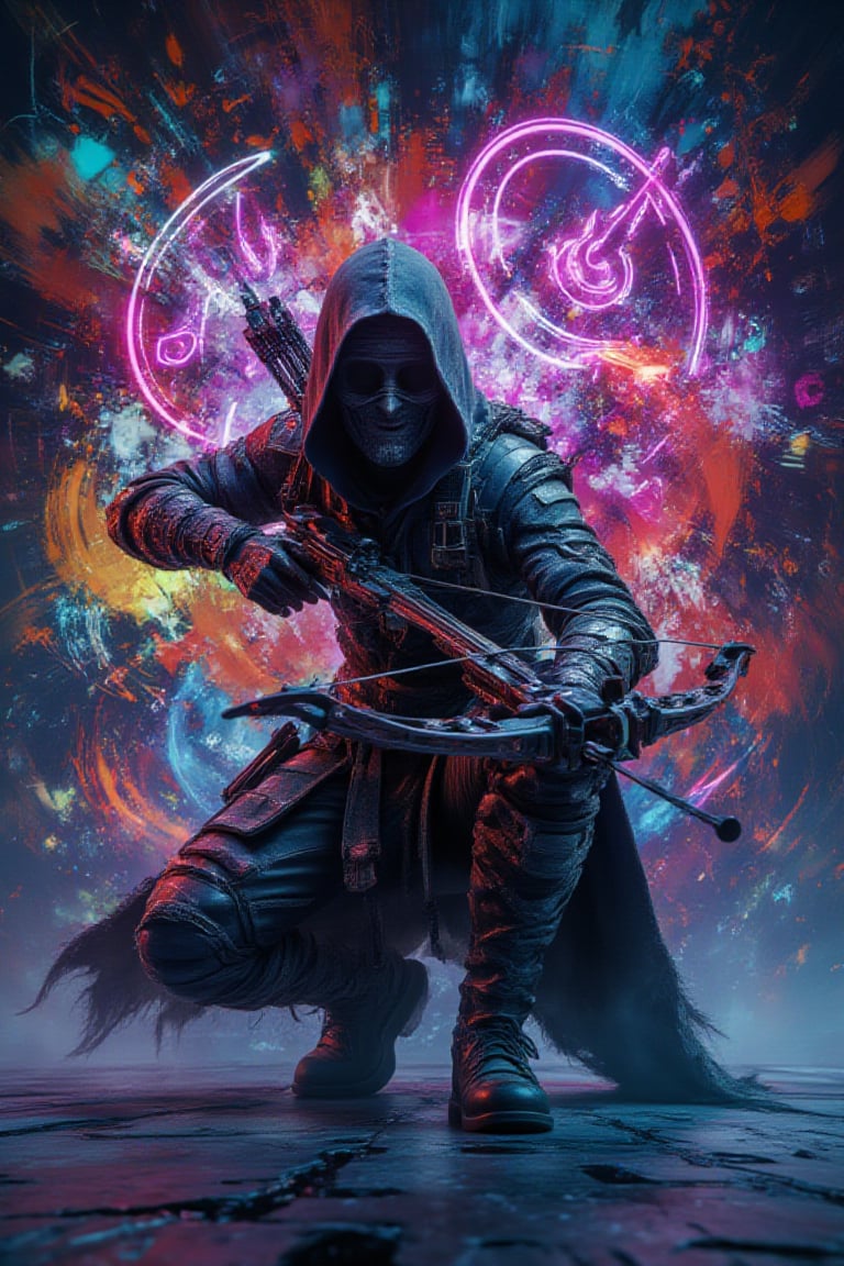 A 3D render of a cyberpunk artwork. The artwork is a mesmerizing scene with abstract brushstrokes of vibrant colors.The background is alive with neon graffiti, futuristic heraldry, and a palpable sense of movement. The dominant figure is an agile rogue, crouched low with crossbow in hand, ready to strike from the shadows. The rogue’s stealthy posture and intricately detailed blades seamlessly blend into the high-tech, abstract backdrop. The lively neon designs around the rogue add a touch of the ethereal.,3dartCA