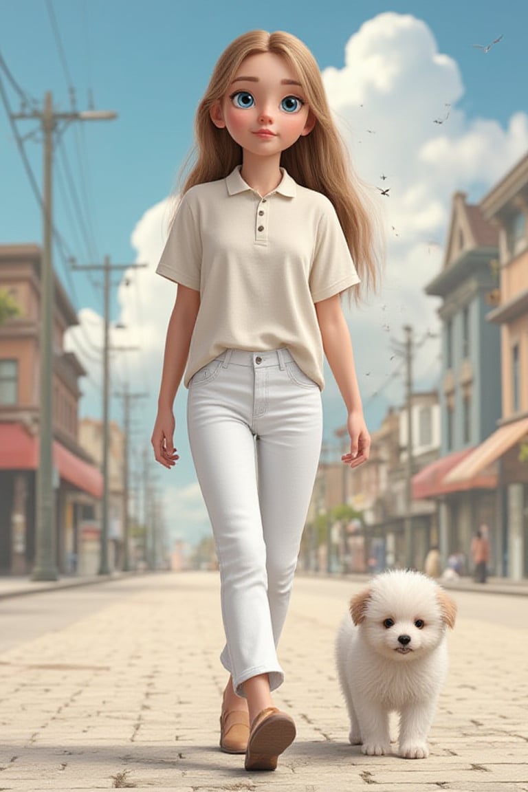 long haired CUTE 10 year old (BLUE EYED girl in BOHO STYLE white jeans and loose fitting white polo) walking in the spring time beach street with a cute puppy, little birds on the sky. Modifiers: Bob peak ART STYLE, Coby Whitmore ART style, fashion magazine illustration,d3cgirl