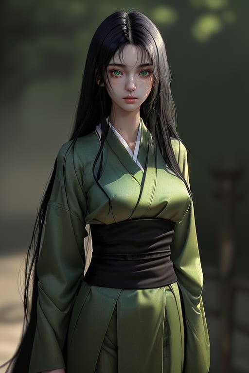 best quality,masterpiece,looking at viewer,blurry background,volumetric lighting,1 girl, 18 years old, black hair, long hair, green eyes, thin body, detailed bust, natural skin texture,japanese clothes