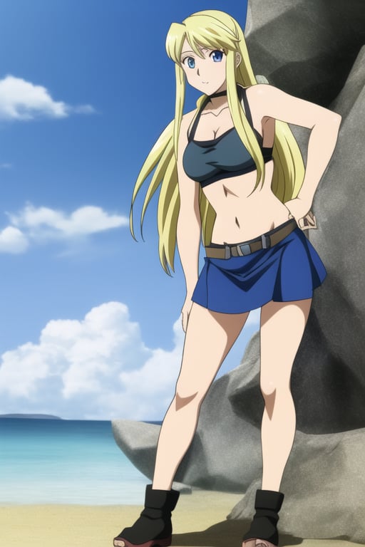 Winry Rockbell,anime,Fullmetal Alchemist,blond hair,blue eyes,skirt,,bikini