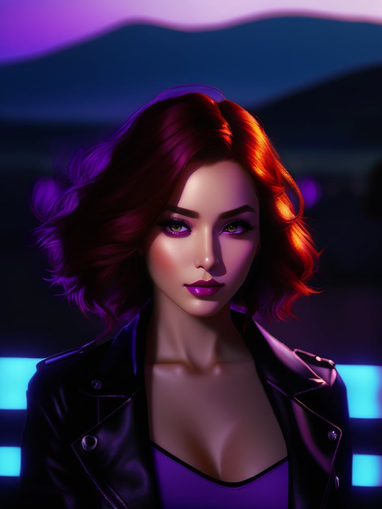 netural lighting, dynamic Angle, neon, Backlit,realistic, photorealistic, masterpiece, best quality, dark shot, (photo of portrait:1.2),1 girl, 20s, red hair, curled, dark brown eyes, small nose up, small mouth, wearing light purple lipstick, serious, purple eyelashes, open black jacket, black t-shirt, short red and black checkered skirt, long stockings black and boots,