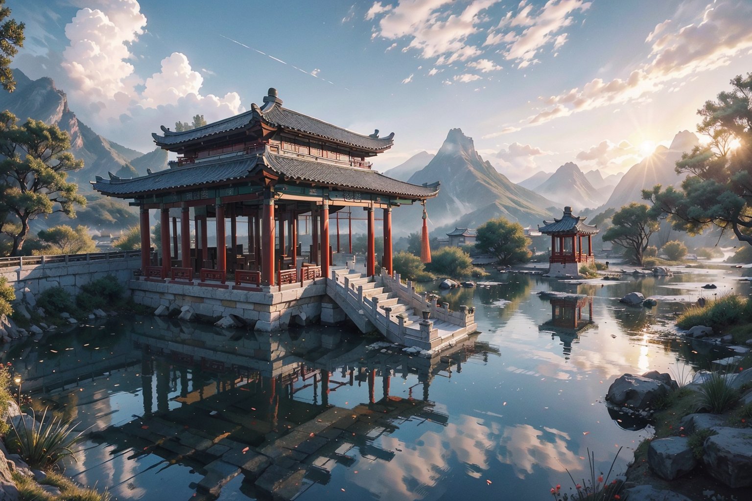 (8k, best quality, top level: 1.1), wide-angle lens:1.1,traditional architecture, high mountains and white clouds, clouds, ((Traditional Chinese Pavilion)), pilgrim,morning glow, sunrise, background, flowing water and detailed elements below. Desert