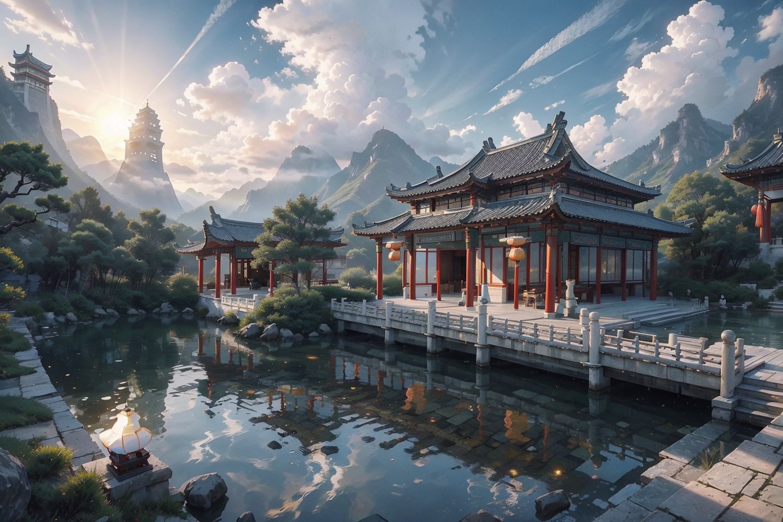 (8k, best quality, top level: 1.1), wide-angle lens:1.1,traditional architecture, high mountains and white clouds, clouds, ((Traditional Chinese Pavilion)), pilgrim,morning glow, sunrise, background, flowing water and detailed elements below. Desert