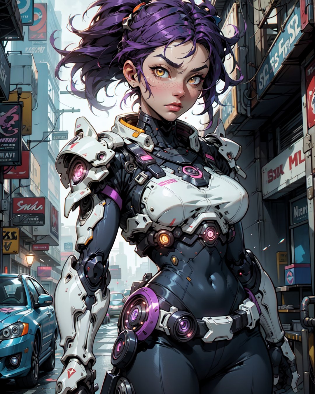 [ grimes in medieval cyberpunk armor ]! holding a [ sword in her hand ]! looking out into the [ futuristic cyberpunk city ]!, digital art! style, trending on [ artstation ]!, 4 k, cgsociety contest winner, award winning, neon! lighting, neon subsurface scattering!!, intricate, detailed, volumetric lighting!, face the viewer,color full armor, splash art, white skin, with sword,purple hair, yellow eyes,