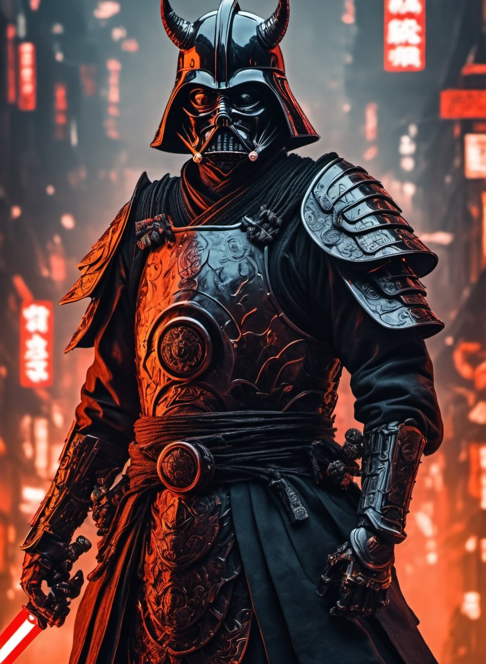 (8k uhd, masterpiece, best quality, high quality, absurdres, ultra-detailed, detailed background), (full body:1.4), (a Japanese Darth Vader samurai with great sword, walking across a bunch of Japanese stormtroopers samurai), (beautiful, aesthetic, perfect, delicate, intricate:1.2), (color scheme: black), (size and shape of great sword: Daishō, massive and double-edged), (type of armor: oni style helmet, black eyes, bone and leather), (environment: ancient Japan street, outside, cyberpunk, Cyberpunk,), perspective: slightly low angle to emphasize the warrior's power, lighting: dramatic, with a spotlight illuminating the warrior's face and sword, (depth of field: shallow, with the warrior in sharp focus and the fiery background slightly blurred), cyborg style,Movie Still, cyborg,steampunk style